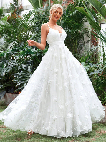 Appliques Mesh Overlay Cami Wedding Dress Without Veil