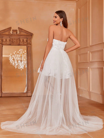 Appliques Mesh Overlay Tube Wedding Dress With Skirt