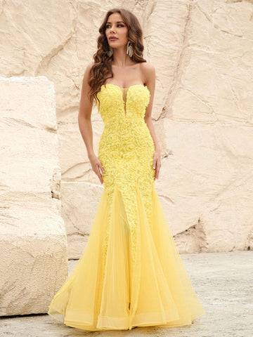 Appliques Mesh Tube Bridesmaid Dress