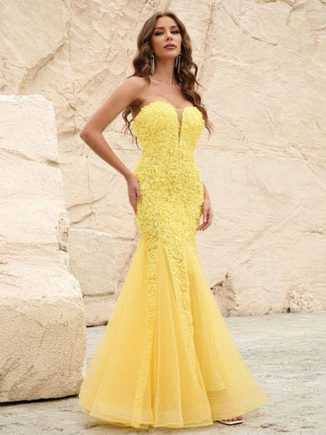 Appliques Mesh Tube Bridesmaid Dress