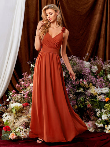 Appliques Plicated Detail Tie Back Chiffon Bridesmaid Dress