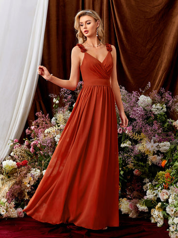 Appliques Plicated Detail Tie Back Chiffon Bridesmaid Dress