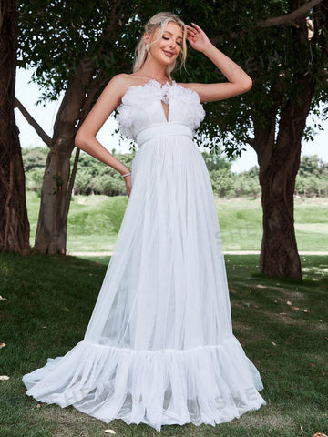 Appliques Ruffle Trim Mesh Tube Wedding Dress