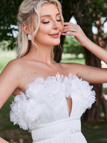 Appliques Ruffle Trim Mesh Tube Wedding Dress