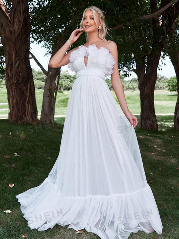 Appliques Ruffle Trim Mesh Tube Wedding Dress