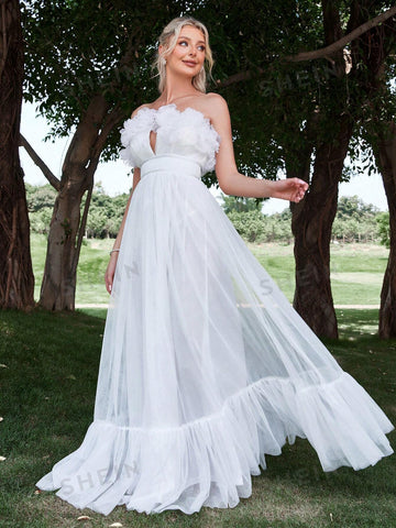 Appliques Ruffle Trim Mesh Tube Wedding Dress