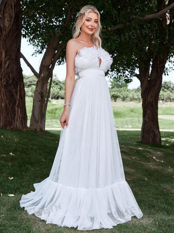 Appliques Ruffle Trim Mesh Tube Wedding Dress