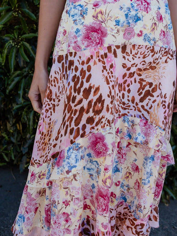 Aralina Drop Waist Printed Leopard Tiered Frill Maxi Skirt