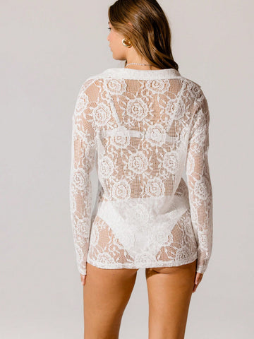 Floral Lace Detailed Long Sleeve Sheer Cover Up Blouse