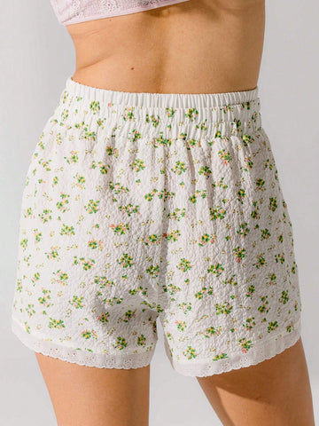 Aralina Floral Lace Trim Double Waist High-Rise Casual Shorts