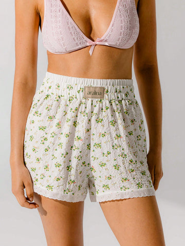 Aralina Floral Lace Trim Double Waist High-Rise Casual Shorts