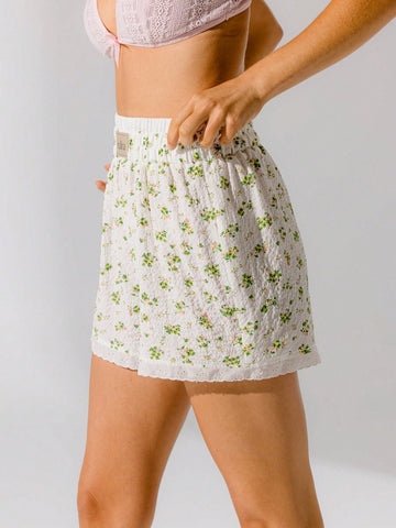 Aralina Floral Lace Trim Double Waist High-Rise Casual Shorts