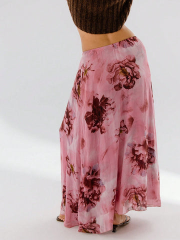 Aralina Floral Printed Vibrant Pink Flowing Silhouette Midi Skirt