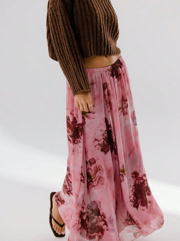Aralina Floral Printed Vibrant Pink Flowing Silhouette Midi Skirt