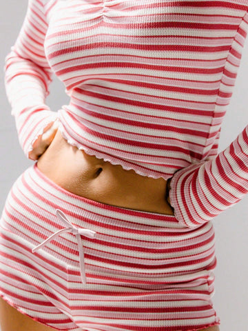 Aralina High Rise Red And White Striped Drawstring Pointelle Lettuce Shorts