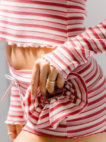 Aralina High Rise Red And White Striped Drawstring Pointelle Lettuce Shorts