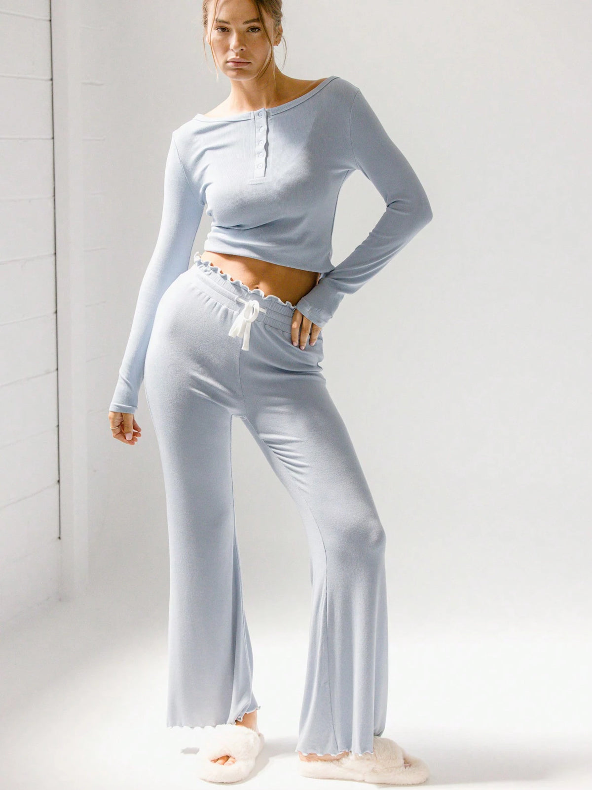 Aralina High Waist Super Soft Rib Lettuce Drawstring Sleeping Set Pants