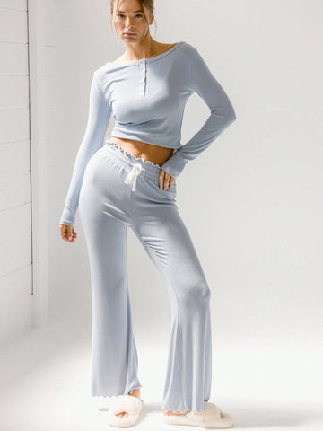 Aralina High Waist Super Soft Rib Lettuce Drawstring Sleeping Set Pants