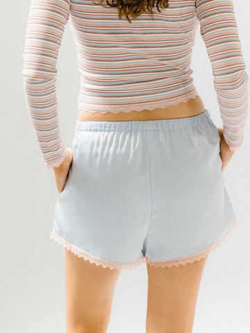 Aralina Satin Contrast Lace Trim Lounge Drawstring Tie Short