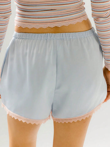 Aralina Satin Contrast Lace Trim Lounge Drawstring Tie Short