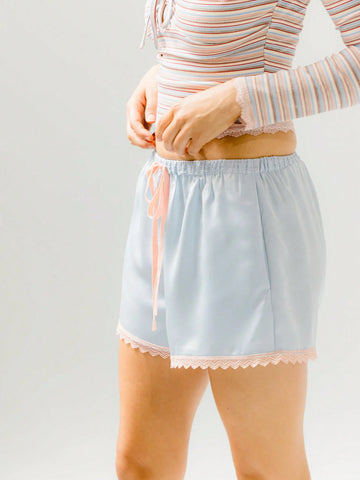 Aralina Satin Contrast Lace Trim Lounge Drawstring Tie Short