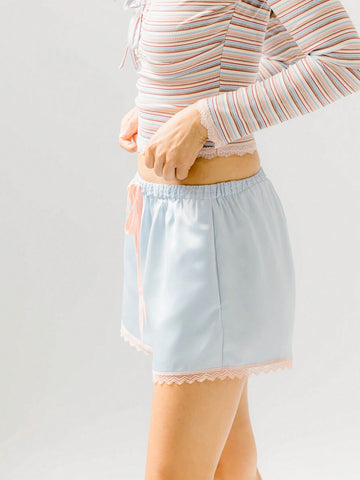 Aralina Satin Contrast Lace Trim Lounge Drawstring Tie Short