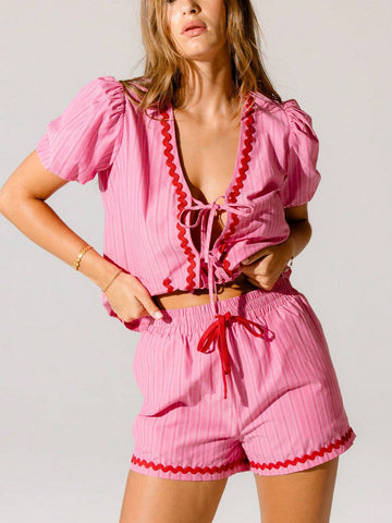 Aralina Striped Pink With Red Trim Drawstring Summer Boxer Shorts