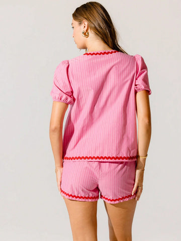 Aralina Striped Pink With Red Trim Drawstring Summer Boxer Shorts