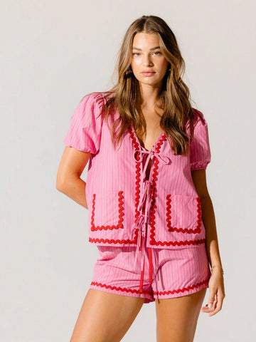 Aralina Striped Pink With Red Trim Drawstring Summer Boxer Shorts