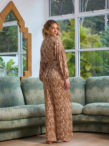 Aralina Textured Satin Pull On With Tie Waist Wide Leg Pant