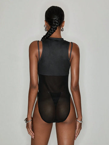 Ariqdhaksinargha Casual Print Mesh Short Bodysuit, Slim Fit, Round Neck, Sexy Women's Bodysuit