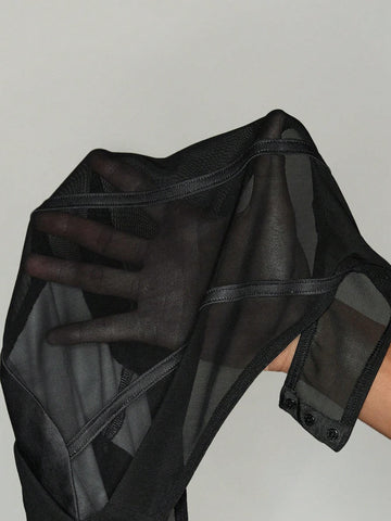 Ariqdhaksinargha Casual Print Mesh Short Bodysuit, Slim Fit, Round Neck, Sexy Women's Bodysuit