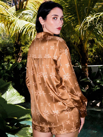 Armand Women Printed Oversized Satin Blouses Casual Vacation Fall Brown