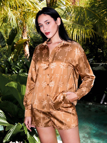 Armand Women Printed Oversized Satin Blouses Casual Vacation Fall Brown