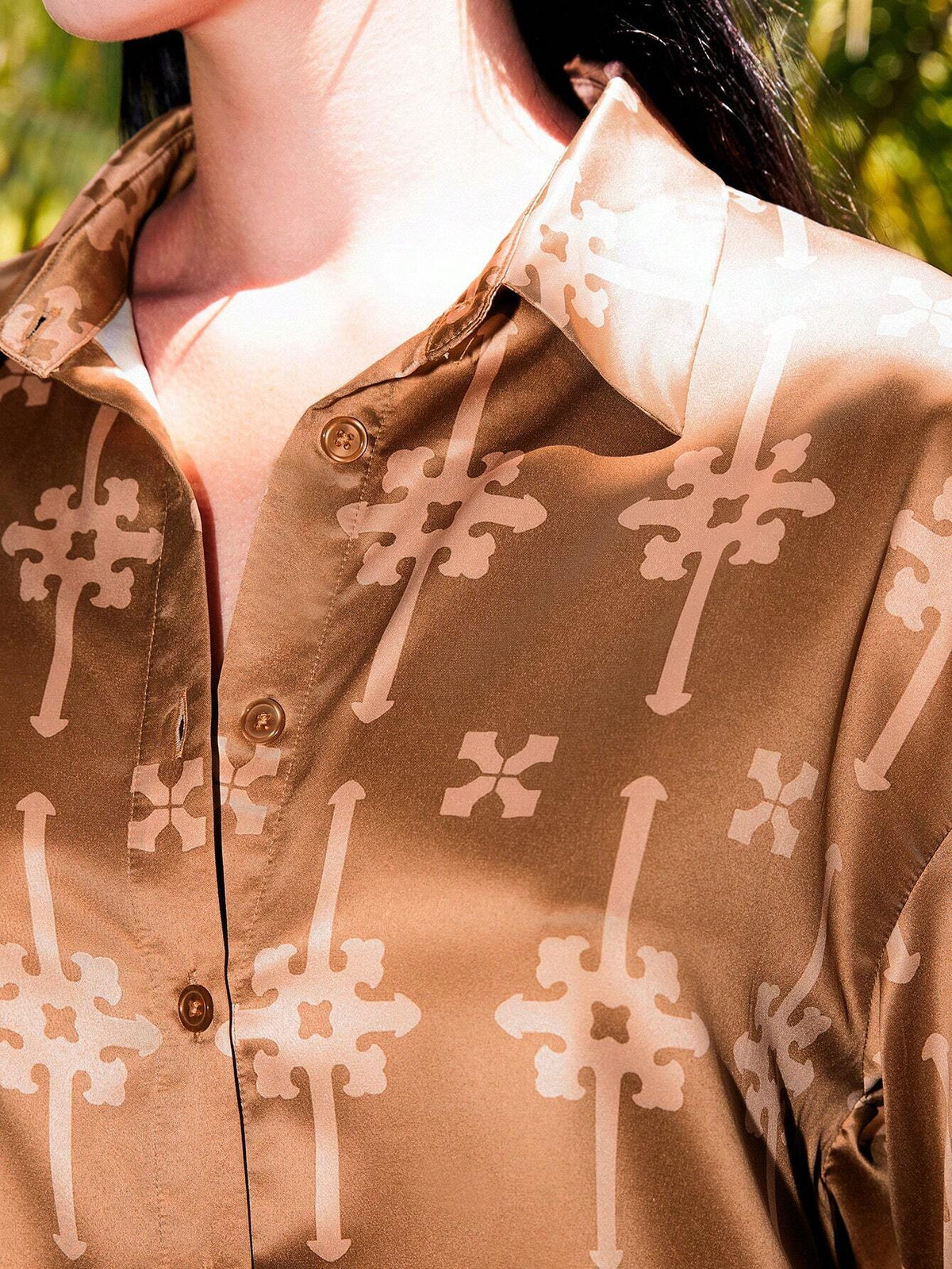 Armand Women Printed Oversized Satin Blouses Casual Vacation Fall Brown