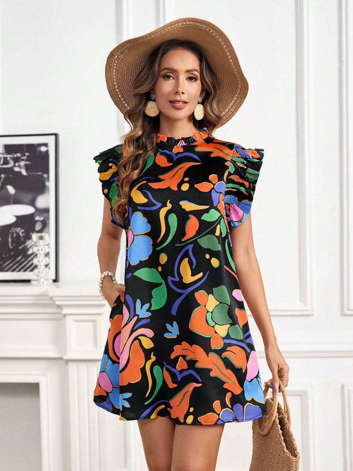Artistic Multicolor Tropical Flower Print Shirred Ruffle Sleeve Dress With V-Neckline For Vacation & Leisure Time
