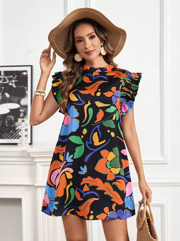 Artistic Multicolor Tropical Flower Print Shirred Ruffle Sleeve Dress With V-Neckline For Vacation & Leisure Time