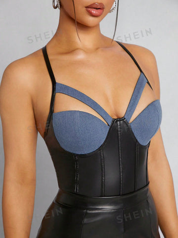 Asavvy Contrast Bustier PU Leather Bodysuit