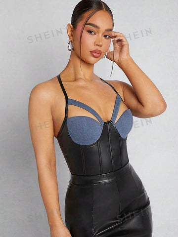 Asavvy Contrast Bustier PU Leather Bodysuit
