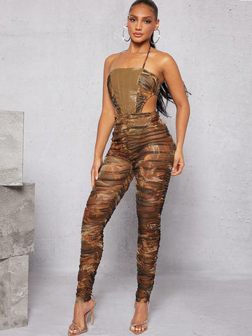 Asavvy Figure Graphic Ruched Mesh Halter Jumpsuit