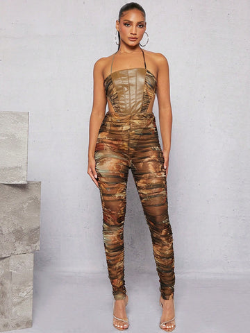 Asavvy Figure Graphic Ruched Mesh Halter Jumpsuit