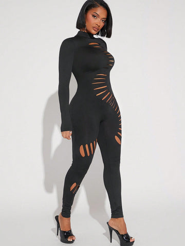 Asavvy High Neck Ripped Cut Out Unitard Jumpsuit