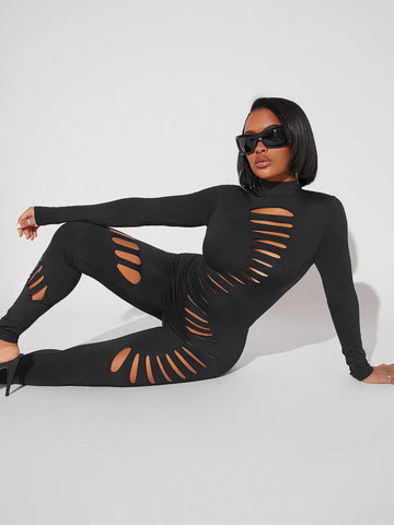 Asavvy High Neck Ripped Cut Out Unitard Jumpsuit