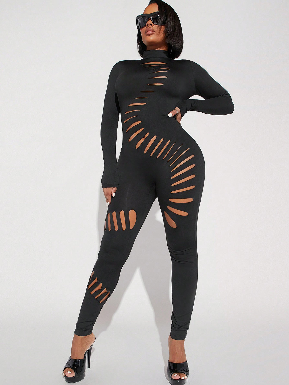 Asavvy High Neck Ripped Cut Out Unitard Jumpsuit