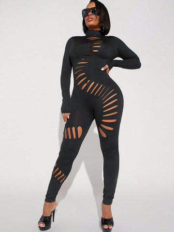 Asavvy High Neck Ripped Cut Out Unitard Jumpsuit