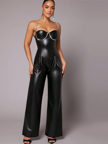 Asavvy Rhinestone Detail Backless Wide Leg Jumpsuit