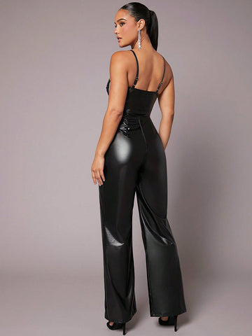 Asavvy Rhinestone Detail Backless Wide Leg Jumpsuit