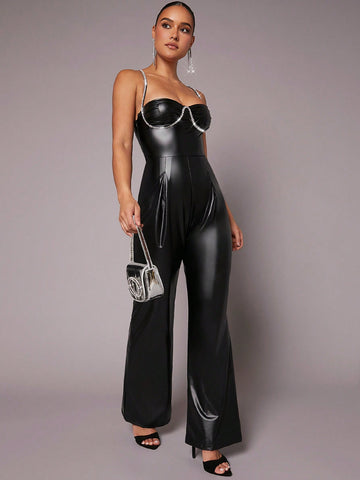Asavvy Rhinestone Detail Backless Wide Leg Jumpsuit