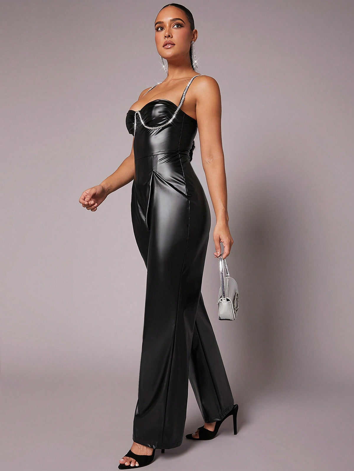 Asavvy Rhinestone Detail Backless Wide Leg Jumpsuit