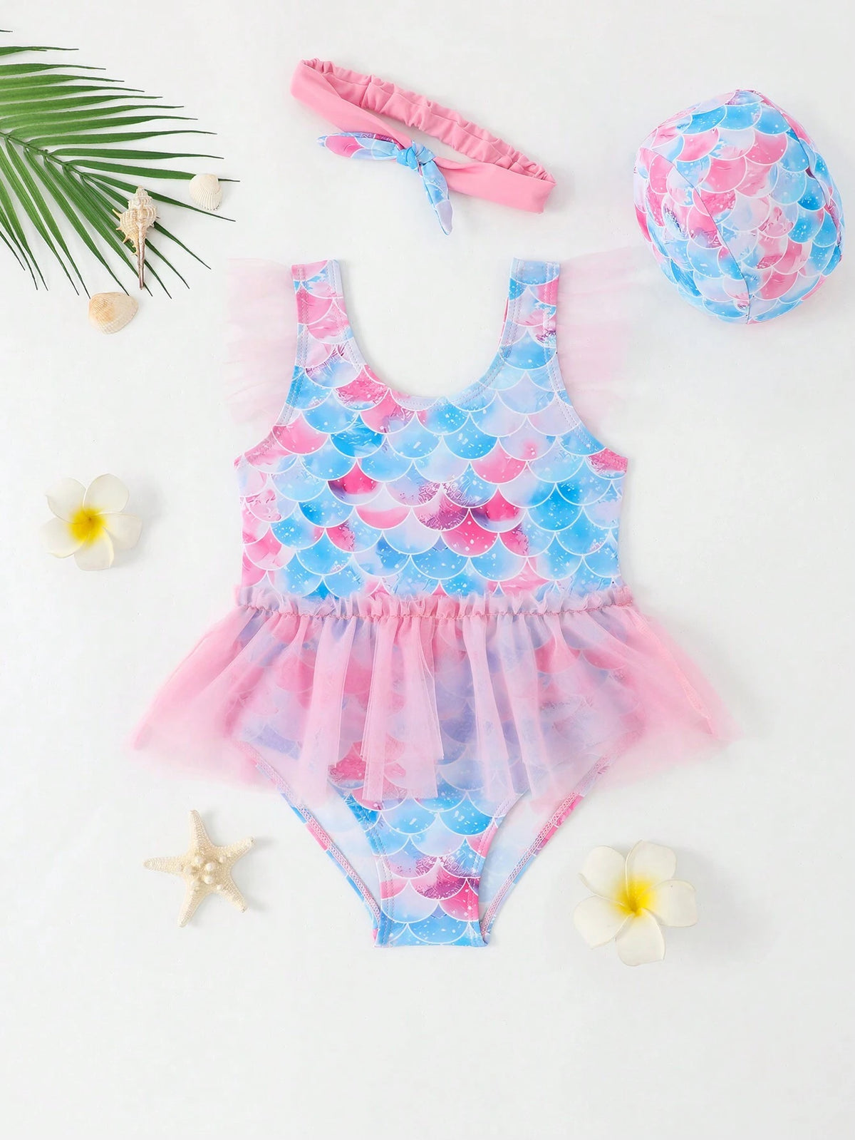 Assorted Fish Scale Printed Mesh Patchwork One-Piece Swimsuit For Young Girl